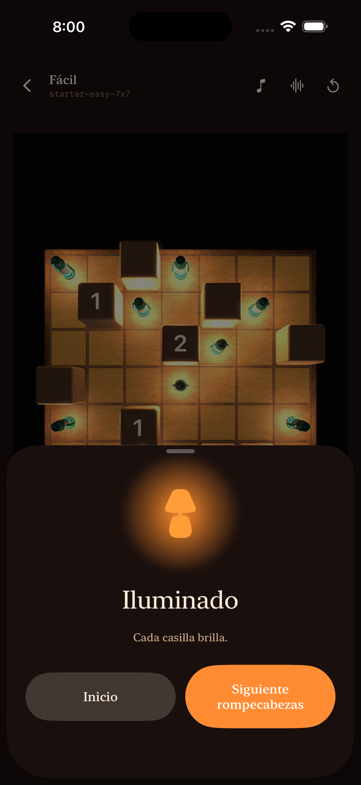 A solved puzzle, fully lit