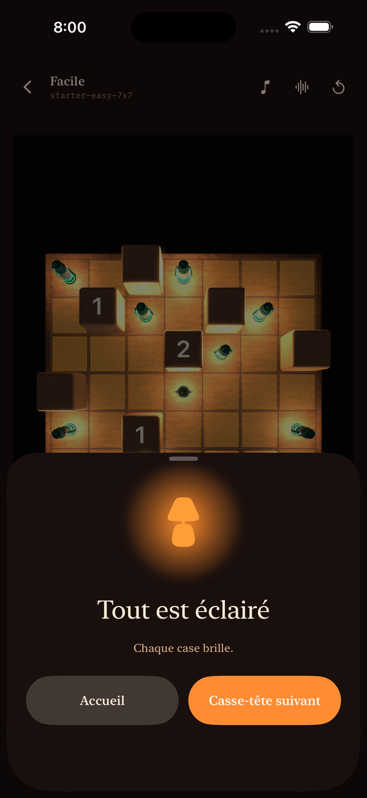 A solved puzzle, fully lit